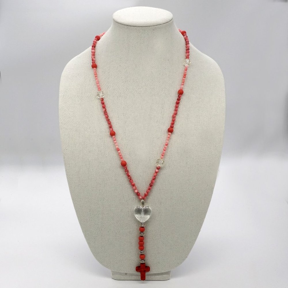 Necklace with Coral beads, Silver Accents and Stone Cross. - Picture 1 of 3